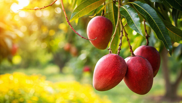 Red Mango hanging on tree in garden, Mangoes on tree in natural warm sunlight background
