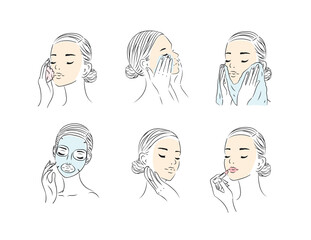 Female face and skin care beauty collection drawing in minimalist style on light background