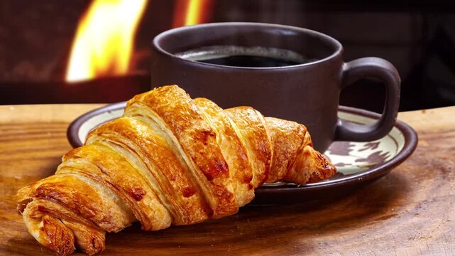 Breakfast: black coffee with a croissant.