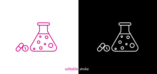 Editable stroke medicine box, medicines, drugs. Abstract line art medical lab flask, medicine bottle icon to use for health industry, cardiology, medical care, chemistry, resesearch, science project. 