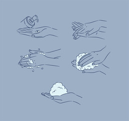 Female hand washing and treatment collection with soap, foam and cream drawing in minimalist style on blue background