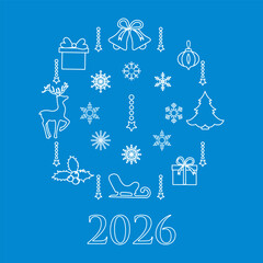 Christmas icons and 2026 number form festive composition on blue background