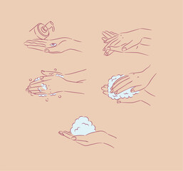 Female hand washing and treatment collection with soap, foam and cream drawing in minimalist style on peach background