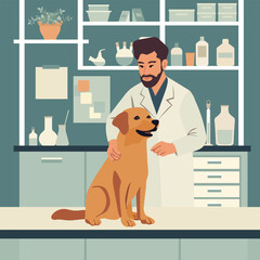Veterinarian with dog in clinic setting, surrounded by medical equipment in background