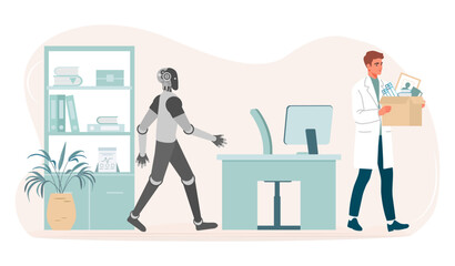 Robot replacing man at work in office, illustrating automation and technology concept