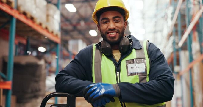 Logistics, face or man in warehouse with laugh, bokeh or experience in shipping industry. Distribution, smile or loader in depot with confidence, ppe or career pride in inventory management.