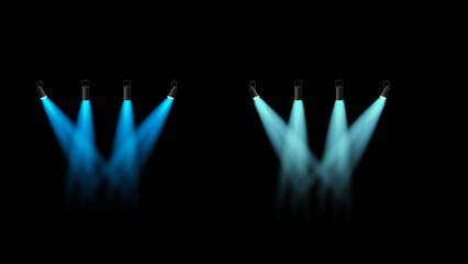 Stage lighting with blue and teal spotlights creating dramatic beams against a black background