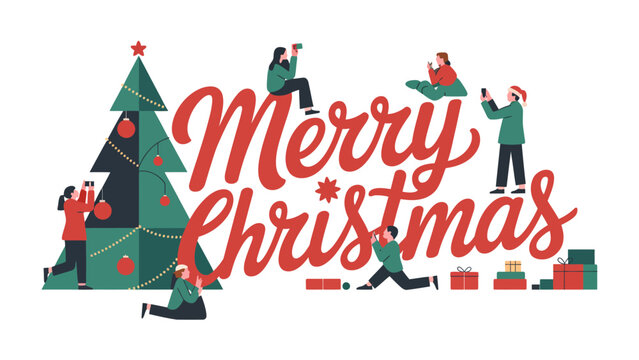 Holiday Cheer: A festive scene where the warm message of Merry Christmas brings people together. People around decorated Christmas tree ready for giving gift.