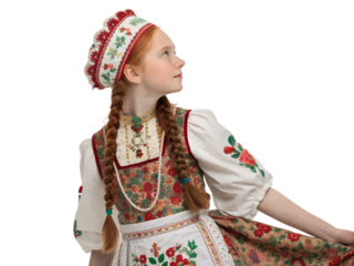 Young girl in traditional russian costume looking up with a hopeful expression in a studio setting for cultural projects on transparent background