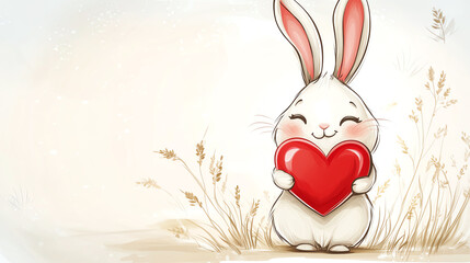 Cute bunny holding big red heart, smiling, white background, cartoon style