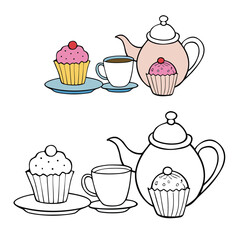 A charming tea set with a delicate teapot, matching cups, and a sweet cupcake beside them, all outlined for coloring. A cozy scene inviting creativity and warm afternoon vibes.
