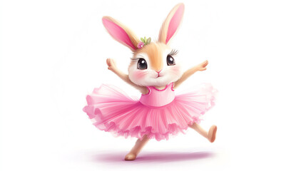 Cute bunny wearing pink ballet tutu dancing gracefully, white background, cartoon style