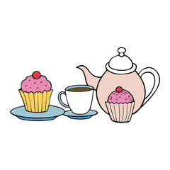 A charming tea set with delicate cups and a steaming pot sits beside a cute, frosted cupcake, creating a cozy moment of sweetness and warmth perfect for a relaxing break.
