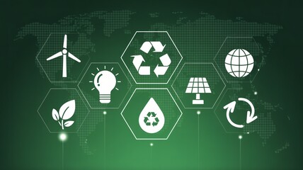 Dynamic icons symbolizing renewable energy, sustainability, and global environmental responsibility set against a world map backdrop.