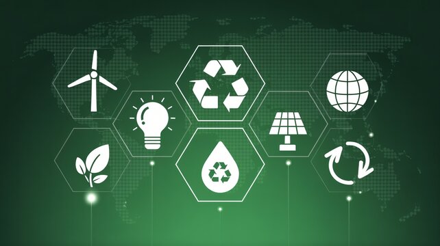 Dynamic icons symbolizing renewable energy, sustainability, and global environmental responsibility set against a world map backdrop.