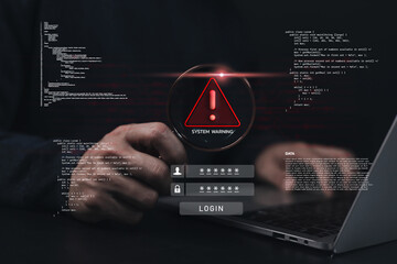 Cyber security system warning alert on laptop screen with login interface and coding background. Concept of hacking data breach, or computer virus protection for digital safety and IT security design.