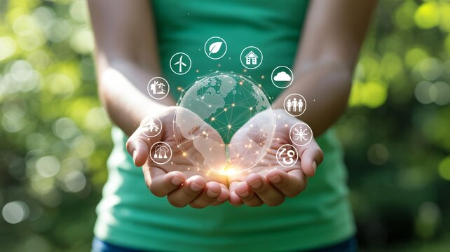Hands cradle glowing digital globe with environmental icons symbolizing sustainable future and global connectivity for eco friendly initiatives.