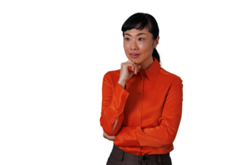 Asian woman thinking and analyzing a problem while looking away, having an idea, transparent background