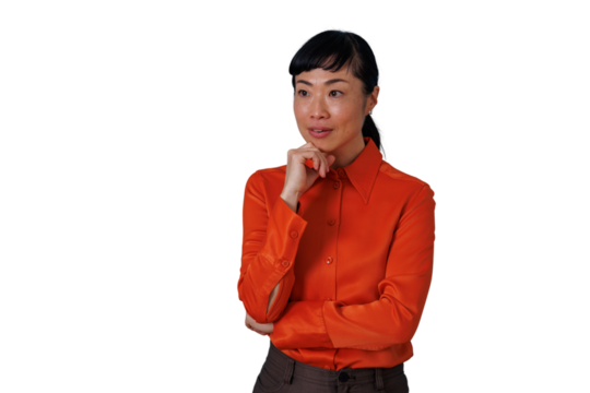 Asian woman thinking and analyzing a problem while looking away, having an idea, transparent background