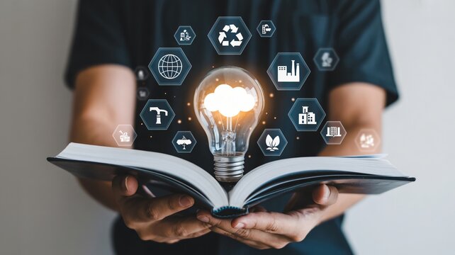 Unlocking innovation and inspiration with a glowing lightbulb emerging from an open book surrounded by industry and environmental icons