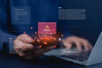 Cybersecurity alert showing system hacked warning on laptop and smartphone, concept of data breach, malware attack, and internet security risk in digital network environment.