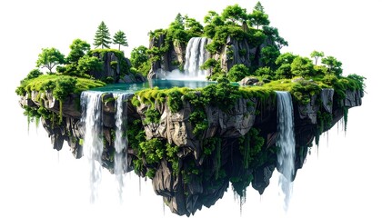 A whimsical island floats in the sky, showcasing lush greenery, waterfalls, and a serene turquoise pond. The landscape is detailed and vibrant