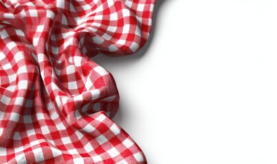 Fototapeta premium Red Checkered Tablecloth: A close-up shot of a red and white checkered tablecloth. The vibrant fabric drapes elegantly, showcasing the classic gingham pattern, perfect for picnics and dining. 