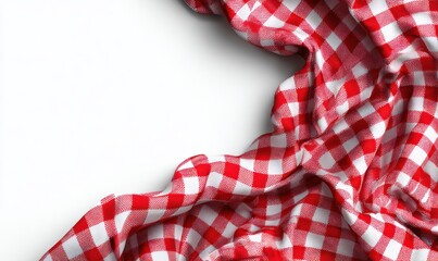 Fototapeta premium Red Checkered Tablecloth: A close-up shot captures the classic red and white checkered pattern of a tablecloth, suggesting a sense of warmth and comfort. The folded cloth drapes in a casual manner.