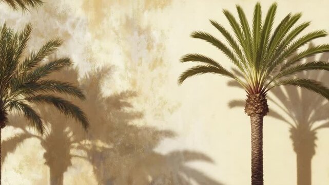 Palms casting long shadows on a sunlit textured wall, creating a tropical scene.