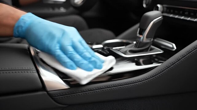 Gloved Hand Cleaning Car Interior with Microfiber Cloth Reflective Surfaces Detail Shot