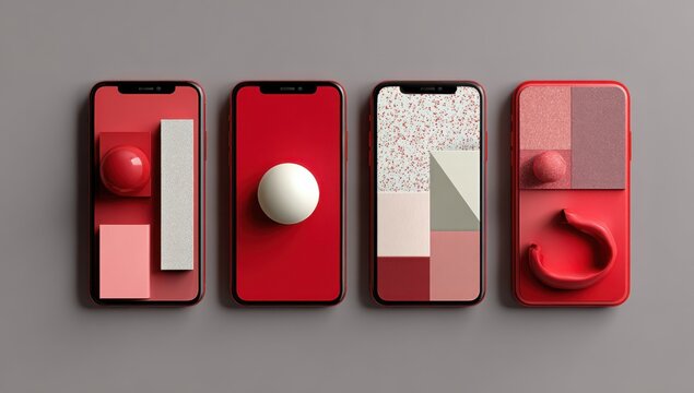 Red phones art collection: A stylish display of four red smart phone cases, each showcases unique artistic arrangements, a testament to the intersection of technology and art.