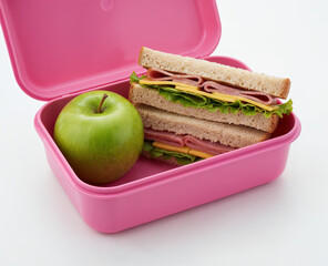 Pink Healthy Lunch Box, Isolated on White

