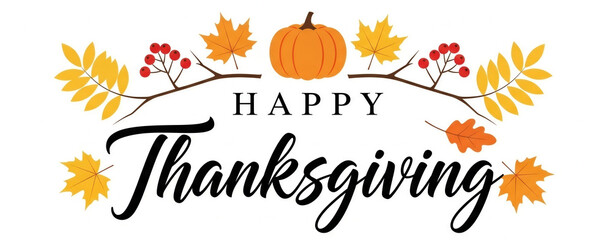 Elegant Happy Thanksgiving Day calligraphy with a pumpkin, berries and autumn leaves, an isolated vector for a greeting card banner and cover