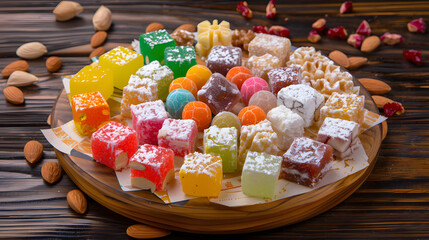 A vibrant combination consisting of Turkish delight, with colorful candies in the middle, surrounded by white chunks, dotted with almonds, placed on a wooden plate, illuminated by natural light with s