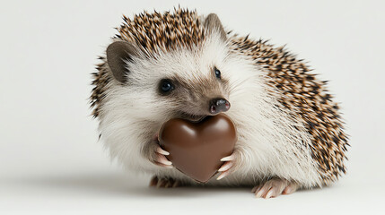 Obraz premium Hedgehog offering heartshaped chocolate, white background