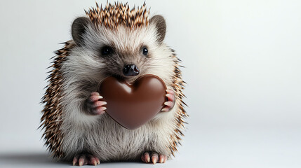 Hedgehog offering heartshaped chocolate, white background