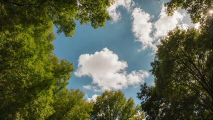 Obraz premium Sunny Low Angle View of Lush Green Trees and Blue Sky