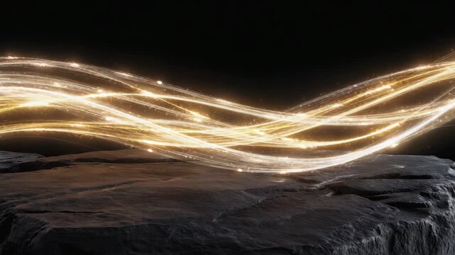 Golden white light streams flowing over dark rocky surface

