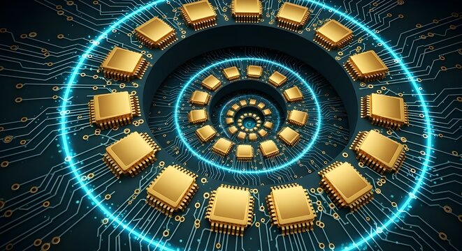 A spiral futuristic circuitry background with glowing golden nodes for premium tech sale graphics.