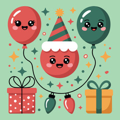 Kawaii Birthday Party Elements with Smiling Balloons and Presents