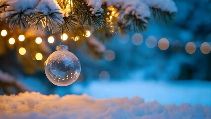 Celebrate the magic of winter with a stunning clear Christmas ornament hanging from a snow-covered pine branch glowing with festive lights at twilight