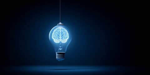 A light bulb with a glowing brain inside symbolizing creativity and innovation in thinking. the background is dark blue to accentuate the lamp's glow.