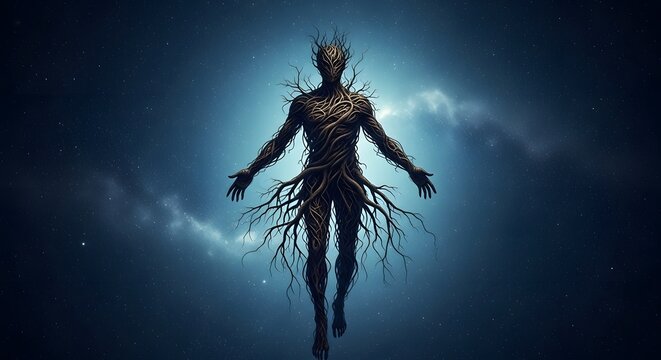 Mysterious being made of wood and roots floating in the cosmos