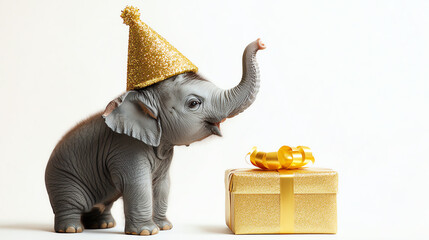 Little elephant wearing glitter hat, sitting beside golden gift box, white background