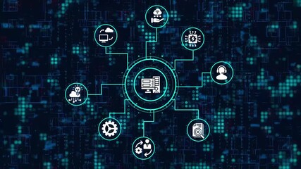 Abstract technology background with digital icons connected to a central computer, representing concepts like artificial intelligence, cloud computing, and cybersecurity - Powered by Adobe