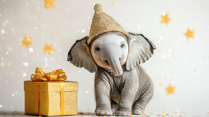 Little elephant wearing glitter hat, sitting beside golden gift box, white background