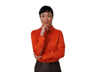 Asian businesswoman thinking and planning solutions, showing a contemplating expression with hand on chin on transparent background