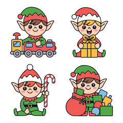 Cute Christmas Elves with Toys and Gifts