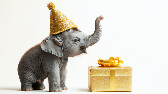 Little elephant wearing glitter hat, sitting beside golden gift box, white background - Powered by Adobe