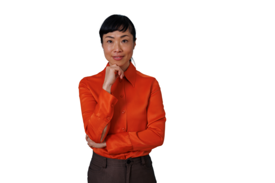Asian businesswoman thinking and planning solutions, showing a contemplating expression with hand on chin on transparent background - Powered by Adobe